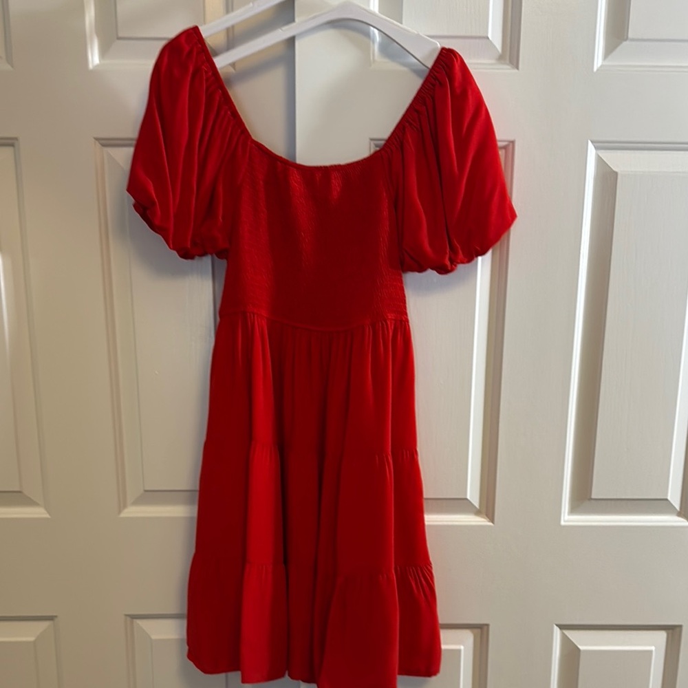 Red Smocked Puff Sleeve Mini Dress - Picture 2 of 5